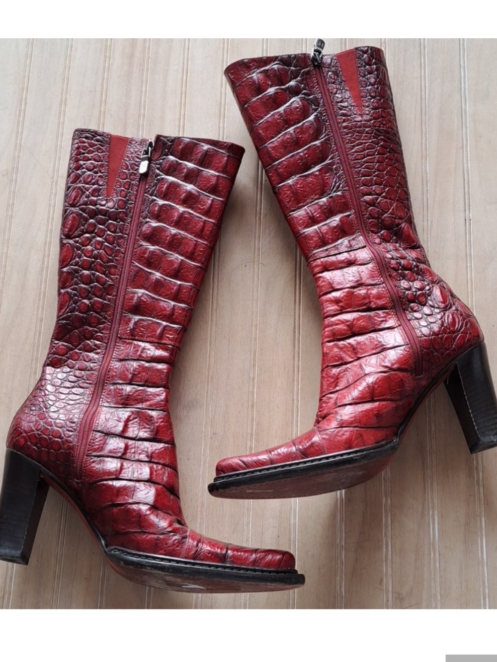 Donald J. Pliner RARE Red Croc-Embossed Leather Mid-Calf Heeled Boots